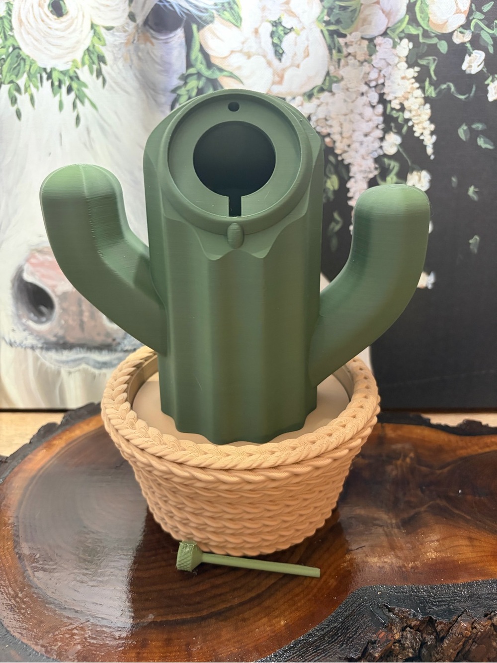 3d printed Green Cactus Planter with Tan Woven Pot MAGSAFE CHARGING DOCK
